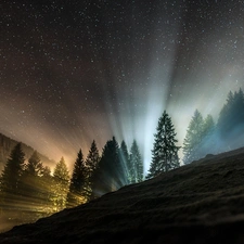 ligh, star, trees, flash, viewes, Sky, Mountains, luminosity, sun, Przebijaj?ce