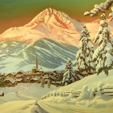 Mountains, winter, U, The foothills, Town