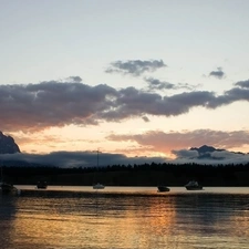 Yachts, woods, lake, Mountains