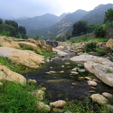 Mountains, woods, dike, Stones, River