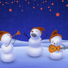 Three, christmas, music, snowmen