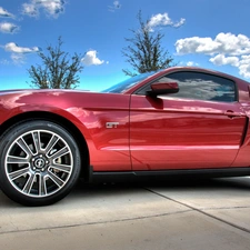 Mustang GT, Red, Sky, clouds, square, Ford