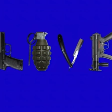 navy blue, razor, LOVE, Gun, text