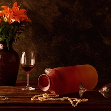 lilies, composition, Necklace, Pearl, glasses, Vase