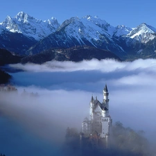 Neuschwanstein, Fog, winter, Castle, Mountains