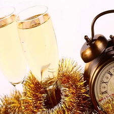 New, year, glasses, Champagne, Clock