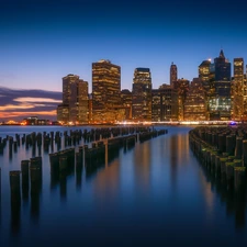 skyscrapers, sea, The United States, Gulf, New York, illuminated, Manhattan, twilight