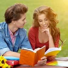 Women, Books, Nice sunflowers, a man