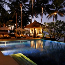 Night, Bali, Pool, Palms, Hotel hall