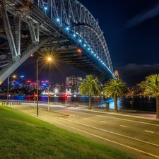 bridge, Night, Palms, River, light, Sydney, Australia, Way