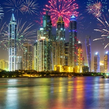 skyscrapers, fireworks, Dubaj, Night, United Arab Emirates