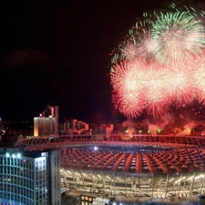 Stadium, Ukraine, Night, fireworks, national, Kiev