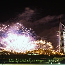 Dubaj, fireworks, Night, Hotel hall