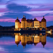 Moritzburg Palace, Saxony, Night, reflection, lake, Germany