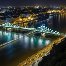 River, Town, Night, bridge