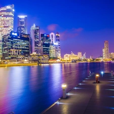 pier, skyscrapers, Night, Singapur, Town, Gulf