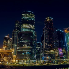 Night, skyscraper, Moscow, Town, Russia