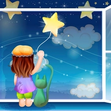 Night, star, cat, Window, Kid