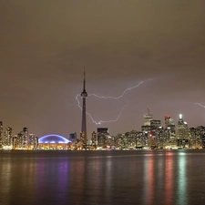 CN Tower, lightning, Night, Ontario