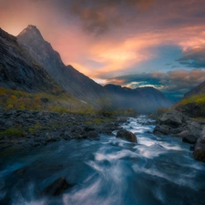 viewes, Romsdalen Valley, Norway, Fog, Stones, Mountains, Rauma River, Great Sunsets, clouds, trees