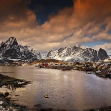 lake, Town, Norway, Mountains