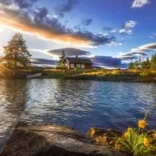 house, Ringerike, boats, rays of the Sun, trees, Norway, Vaeleren Lake, clouds, Stones, viewes