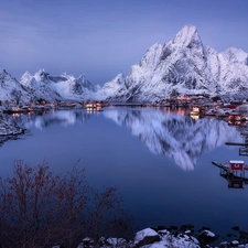 snow, winter, Norwegian Sea, Mountains, Lofoten, Norway, Reine, Moskenesoya Island, Houses