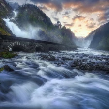 forest, Mountains, River, Odda Commune, rocks, Latefossen Waterfall, bridge, Norway, clouds, Stones