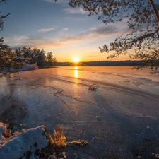 Great Sunsets, trees, Ringerike, viewes, lake, winter, Norway