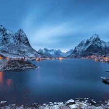 Houses, lake, Norway, winter, colony, Mountains