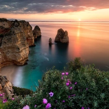 rocks, Coast, VEGETATION, clouds, Algarve Region, Portugal, sea, Atlantic Ocean, Great Sunsets