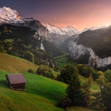 trees, Mountains, woods, viewes, Sunrise, Switzerland, Canton of Bern, Lauterbrunnental Valley, Bernese Alps, Wengen, Houses