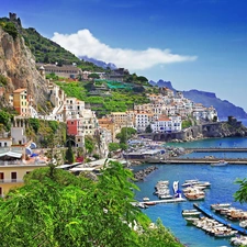 sea, Hotels, Coast, Mountains, Picture of Town, Positano, Italy, Boats