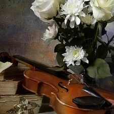 old, Books, flowers, violin, bouquet