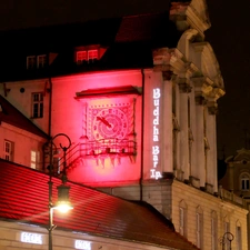 old town, Night, buildings, Poznań, Clock