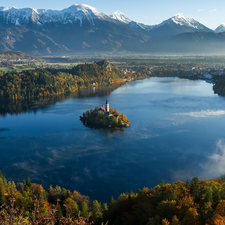 Julian Alps, Lake Bled, Slovenia, woods, viewes, Mountains, Blejski Otok Island, trees
