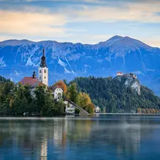 trees, Mountains, Lake Bled, clouds, Church, Blejski Otok Island, Julian Alps, Slovenia, viewes, Bled Castle