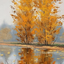 trees, autumn, paint, picture, viewes, River