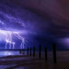 Lightning, sea, Pale, clouds