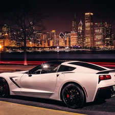 Street, Corvette, town, Stingray C7, Chevrolet, panorama, Night