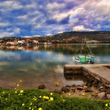 panorama, town, Mountains, Boats, lake