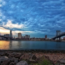 Bridges, clouds, New, River, dawn, panorama, York