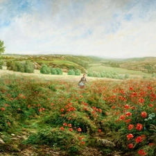 papavers, Meadow, Women