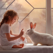 Window, parapet, White, Rabbit, girl