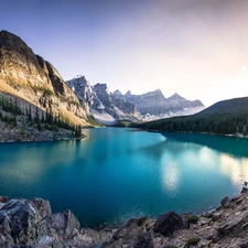 woods, lake, rocky mountains, Alberta, trees, Banff National Park, Moraine Lake, Canada, Sunrise, viewes