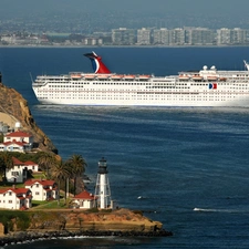 passenger, Ship, Coast, Town, sea