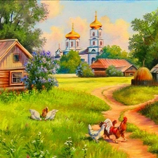 village, Church, Path, Houses