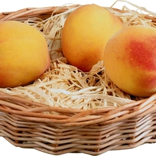 peaches, basket, hay