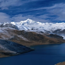 Mountains, snow, peaks, River