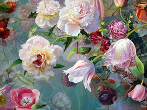 Flowers, picture, Tulips, Zbigniew Kopania, painting, roses, Peonies